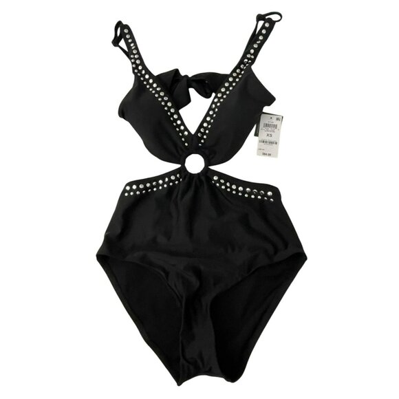 Bar III $94 Bathing Suit One Piece Black Studded Cut Out Swimsuit XS NWT - Picture 4 of 8